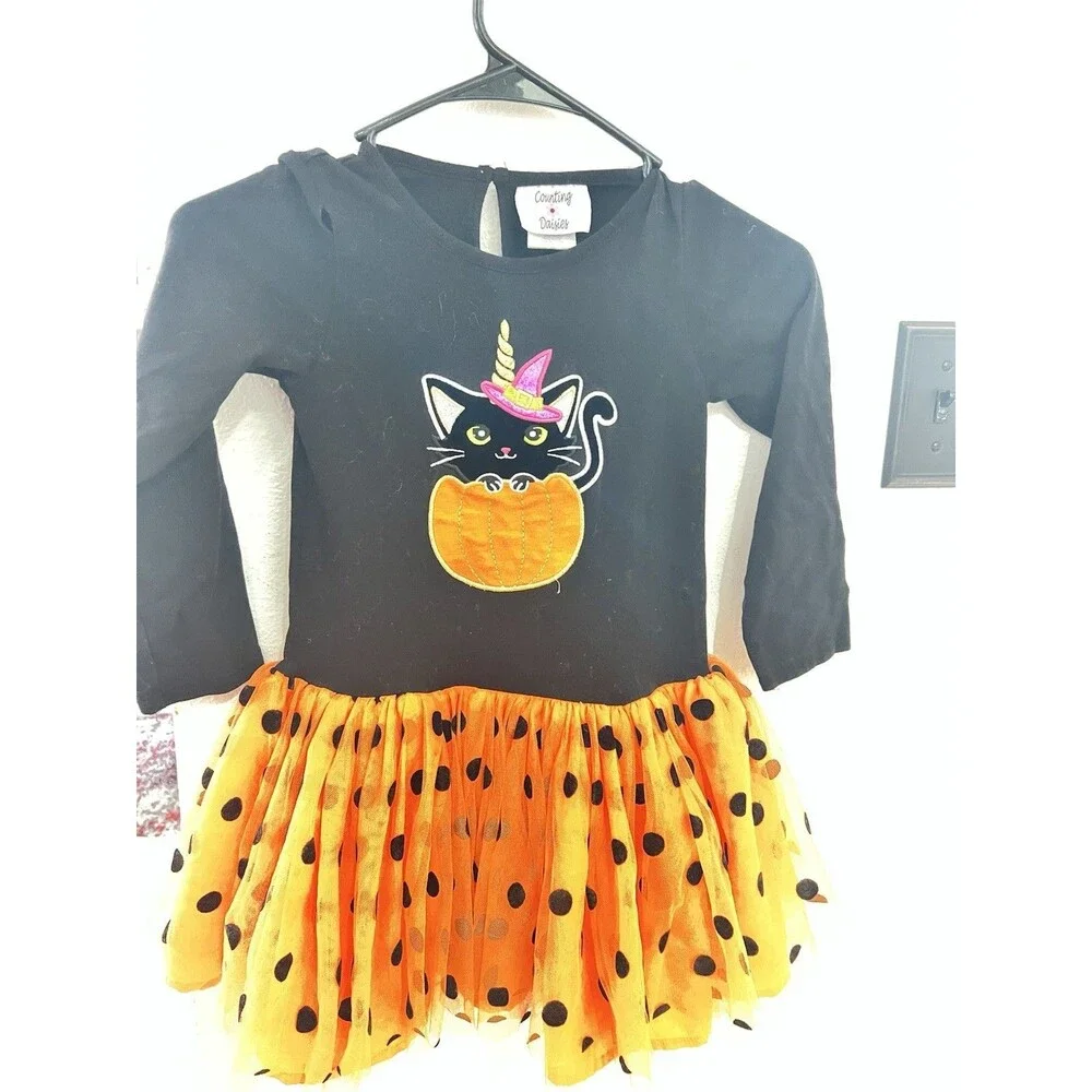 Girls Counting Daisies‎ Halloween Party Tutu Dress Black Cat Pumpkin Size 6